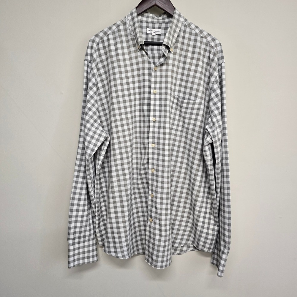 Peter Millar Gingham Button Down Shirt Mens XL Gray White Performance Preppy